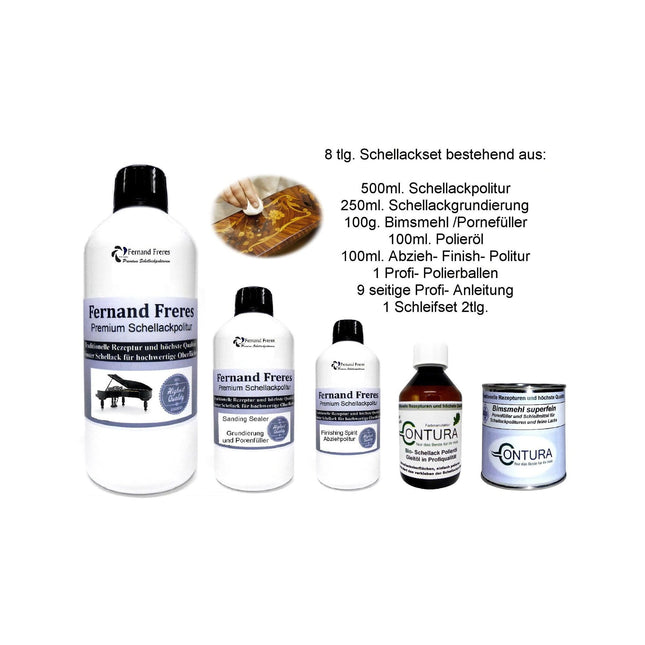 8-Teiliges Set Schellackpolitur Grundierung Klavierlack Ballen Schleifset Polieröl - Farbmanufaktur Contura Berkemeier72150
