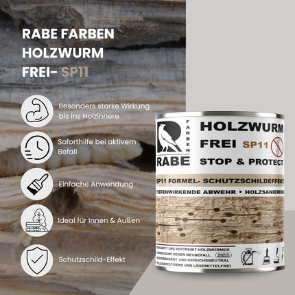 RABE Holzwurm Frei SP11 Effektiver Holzschutz verfestigend Holzbock Holzwurmmittel Ex - Farbmanufaktur Contura Berkemeier - Farben Rabe