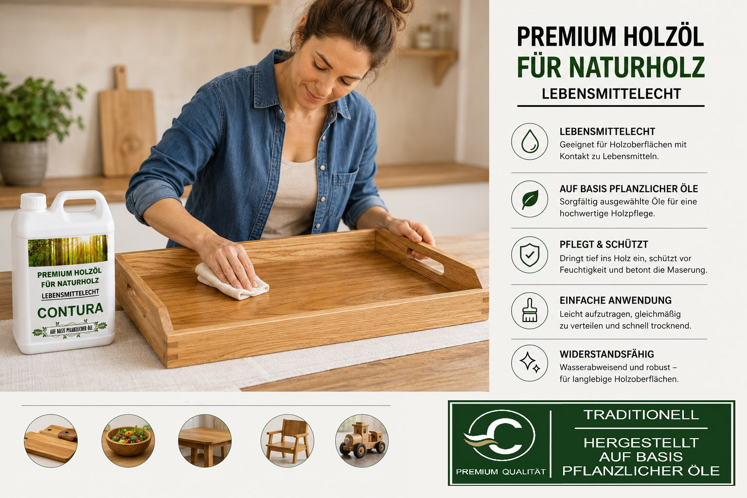 Contura 1L Holzöl Naturholz- Holzschutz PREMIUM Lebensmittelecht Möbel Tisch Pflegeöl