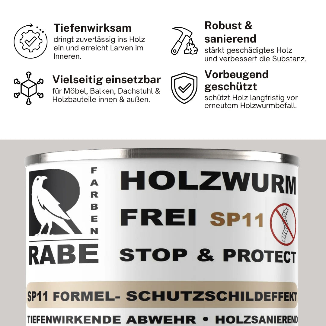 RABE Holzwurm Frei SP11 Effektiver Holzschutz verfestigend Holzbock Holzwurmmittel Ex - Farbmanufaktur Contura Berkemeier - Farben Rabe