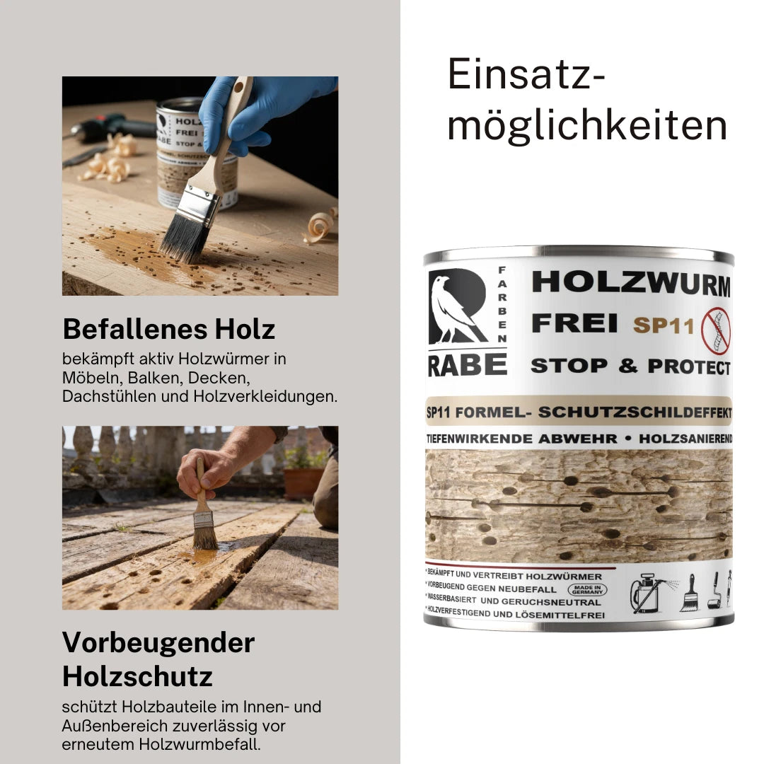 RABE Holzwurm Frei SP11 Effektiver Holzschutz verfestigend Holzbock Holzwurmmittel Ex - Farbmanufaktur Contura Berkemeier - Farben Rabe