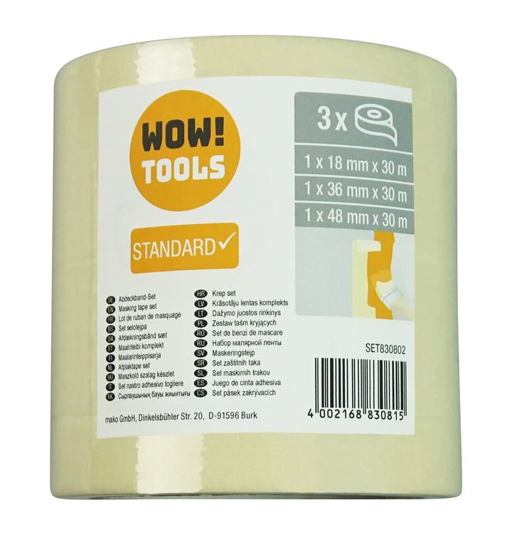 WOW TOOLS Basic Kreppband -Set 3-tlg. 3 Rollen 18/36/48mm x 30Meter - Farbmanufaktur Contura Berkemeier - Mako